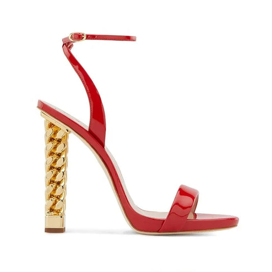 Anmairon custom made sexy gold heel red shiny strap design heel ladies sandals