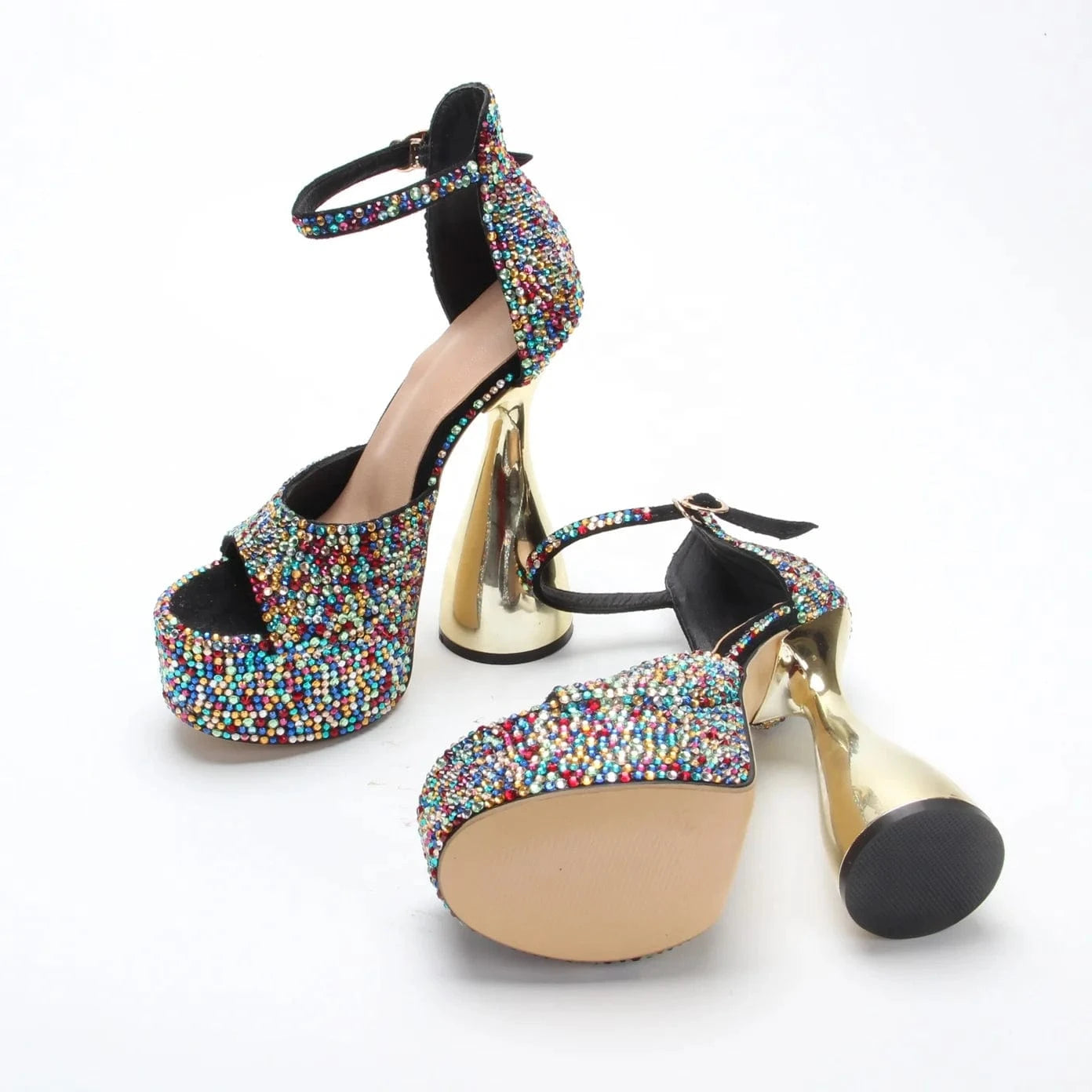 Anmairon Super Fashion Designer Heels Bowling Heel Shiny Diamonds Buckle Strap Peep Toe Women Platform Sandals
