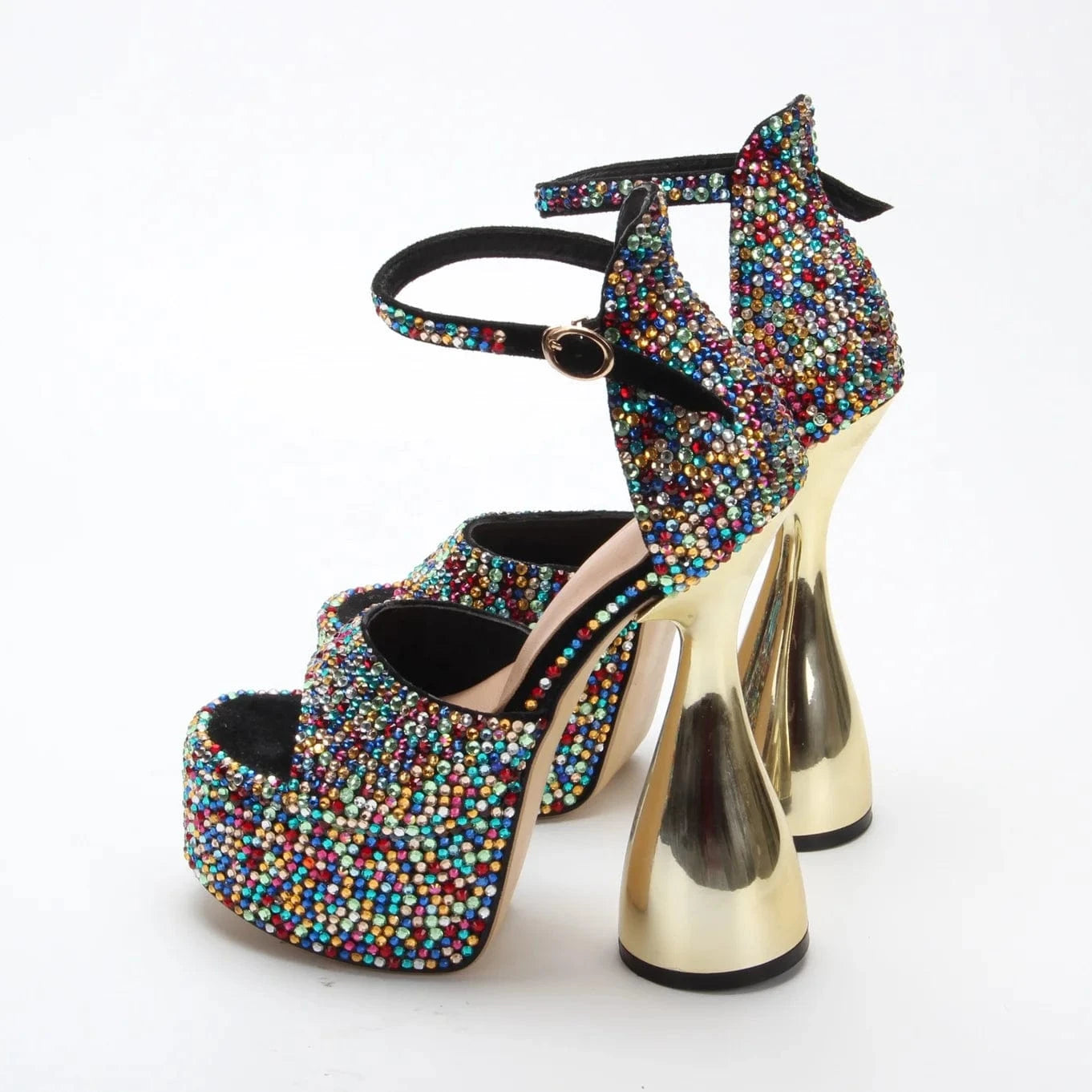 Anmairon Super Fashion Designer Heels Bowling Heel Shiny Diamonds Buckle Strap Peep Toe Women Platform Sandals