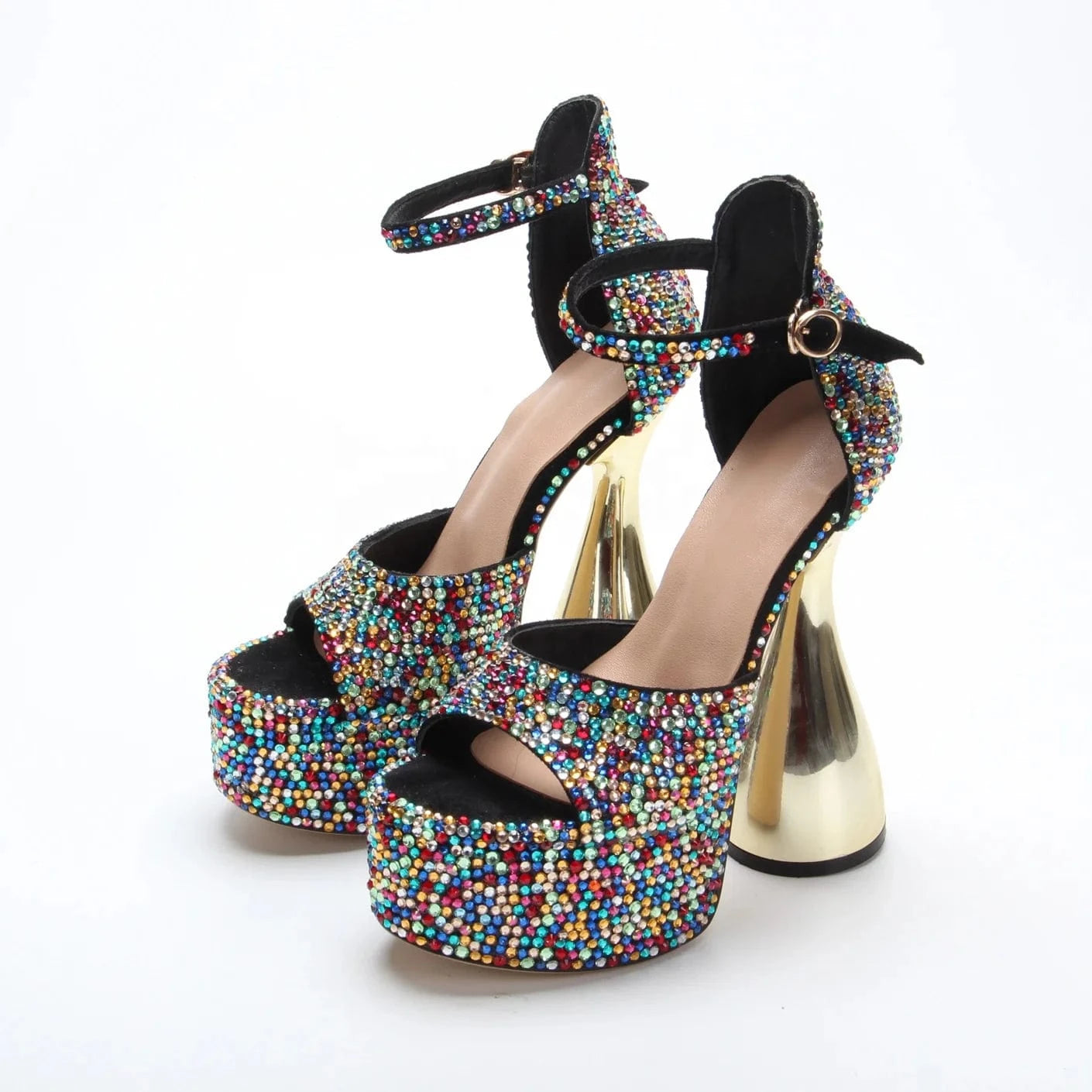 Anmairon Super Fashion Designer Heels Bowling Heel Shiny Diamonds Buckle Strap Peep Toe Women Platform Sandals