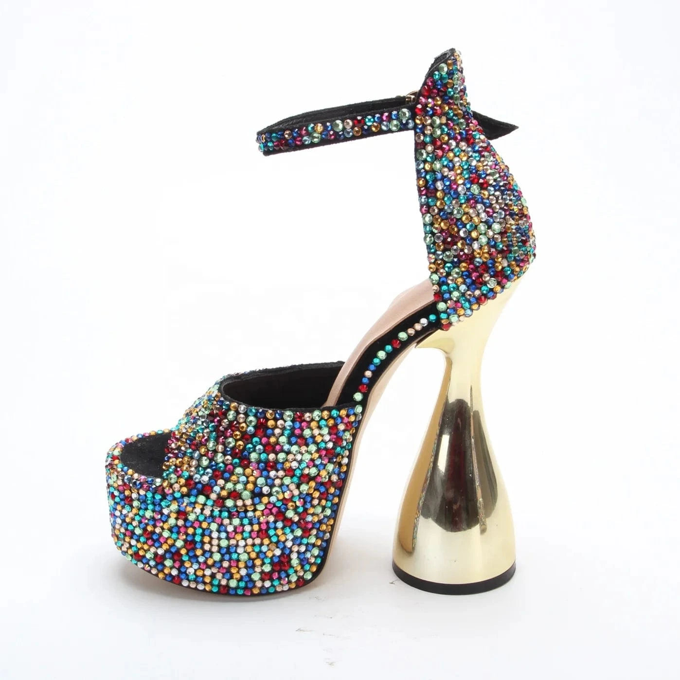 Anmairon Super Fashion Designer Heels Bowling Heel Shiny Diamonds Buckle Strap Peep Toe Women Platform Sandals