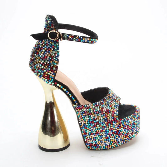 Anmairon Super Fashion Designer Heels Bowling Heel Shiny Diamonds Buckle Strap Peep Toe Women Platform Sandals