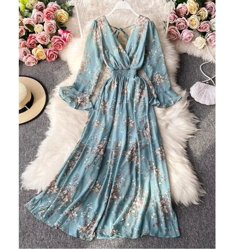 ANSZKTN New Korean Style Floral Print Long Sleeve Casual A Line V Neck Dresses Women Lady Elegant