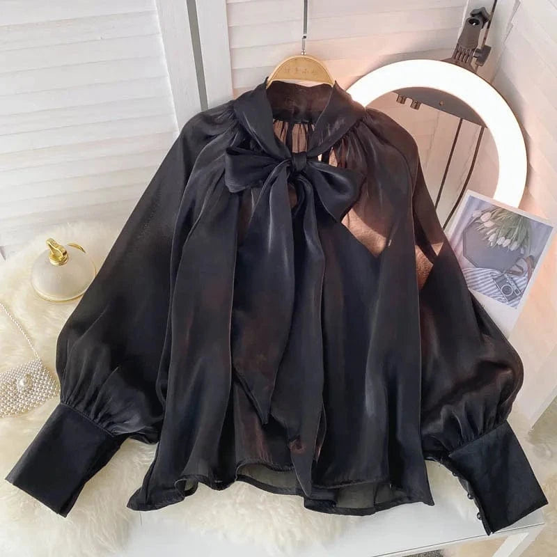 ANSZKTN Spring Fall New France Bow Celebrities Loose Sweet Lace Puff Sleeve Top For Women