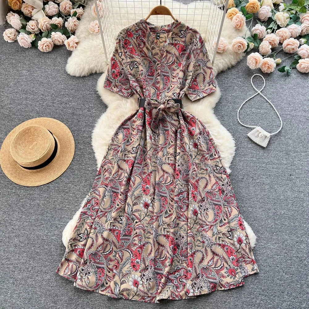ANSZKTN Summer  Shirt Dress Women Printed Waist Wrapped Over Knee Large Swing Celebrity Fragmented Flower Long Dress