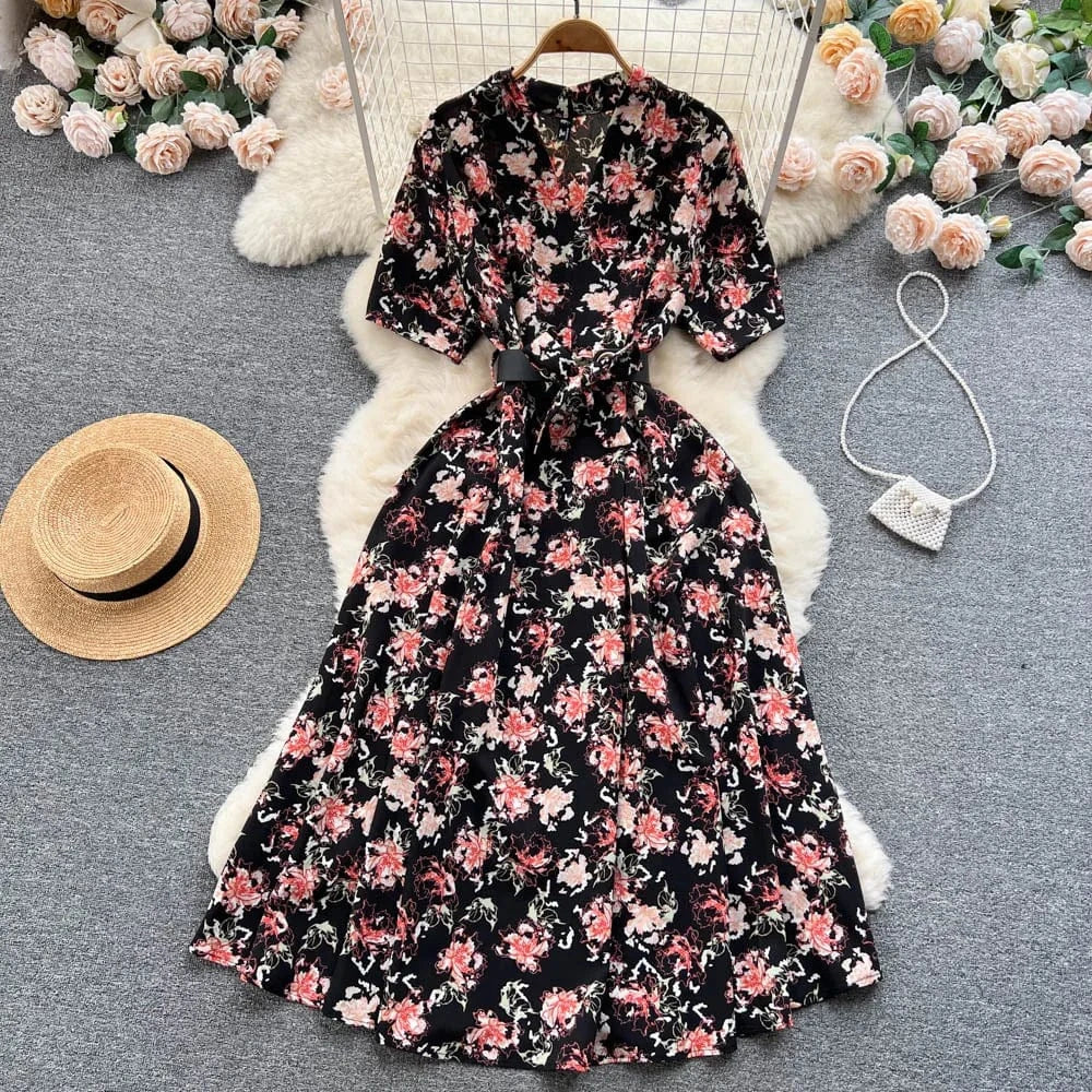 ANSZKTN Summer  Shirt Dress Women Printed Waist Wrapped Over Knee Large Swing Celebrity Fragmented Flower Long Dress