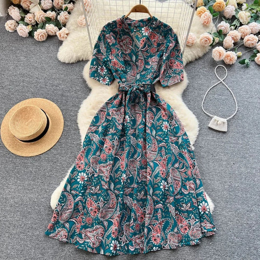 ANSZKTN Summer  Shirt Dress Women Printed Waist Wrapped Over Knee Large Swing Celebrity Fragmented Flower Long Dress