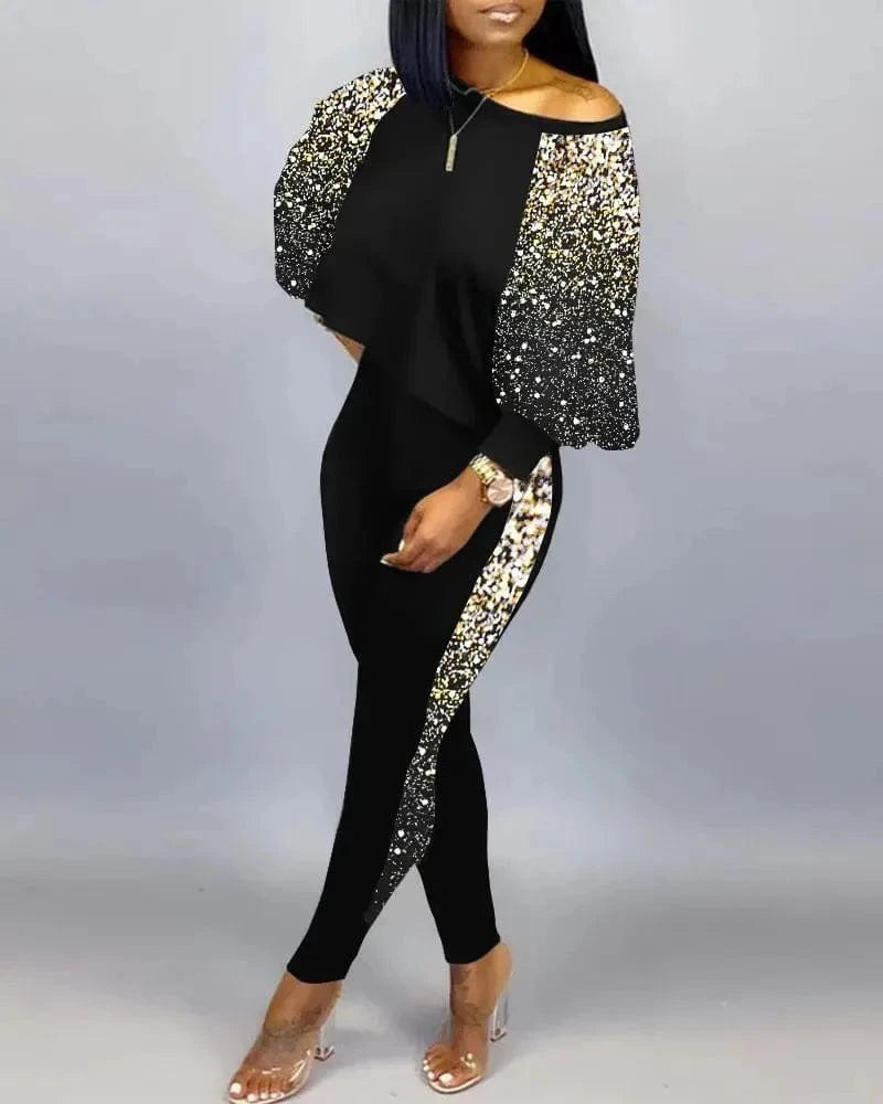ANSZKTN Women Spring Fall  Individuality Print  Long Sleeve Pullover Long Pants Autumn Womens Two Piece Casual Sets