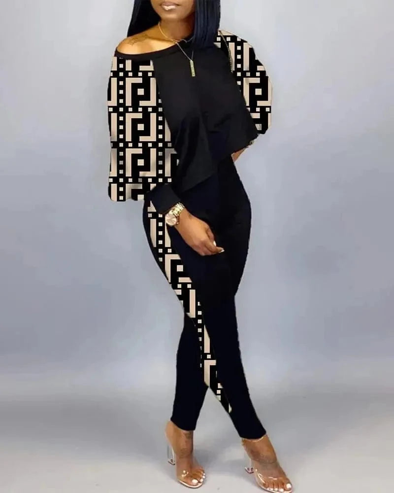 ANSZKTN Women Spring Fall  Individuality Print  Long Sleeve Pullover Long Pants Autumn Womens Two Piece Casual Sets