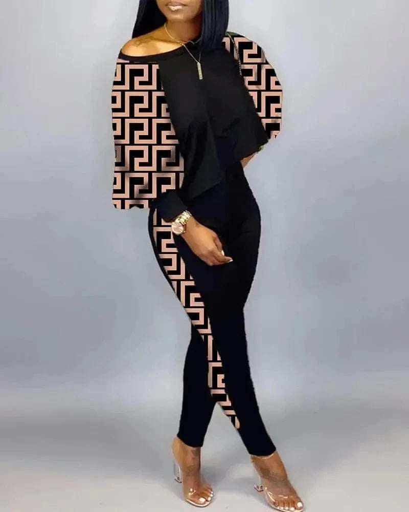 ANSZKTN Women Spring Fall  Individuality Print  Long Sleeve Pullover Long Pants Autumn Womens Two Piece Casual Sets