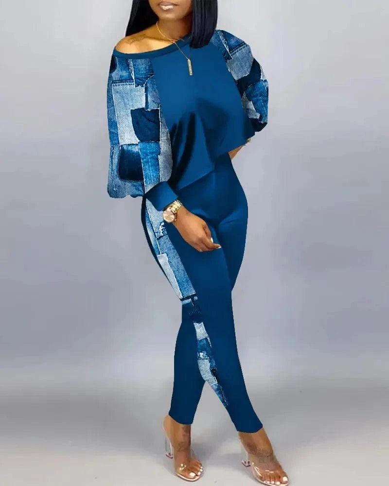 ANSZKTN Women Spring Fall  Individuality Print  Long Sleeve Pullover Long Pants Autumn Womens Two Piece Casual Sets