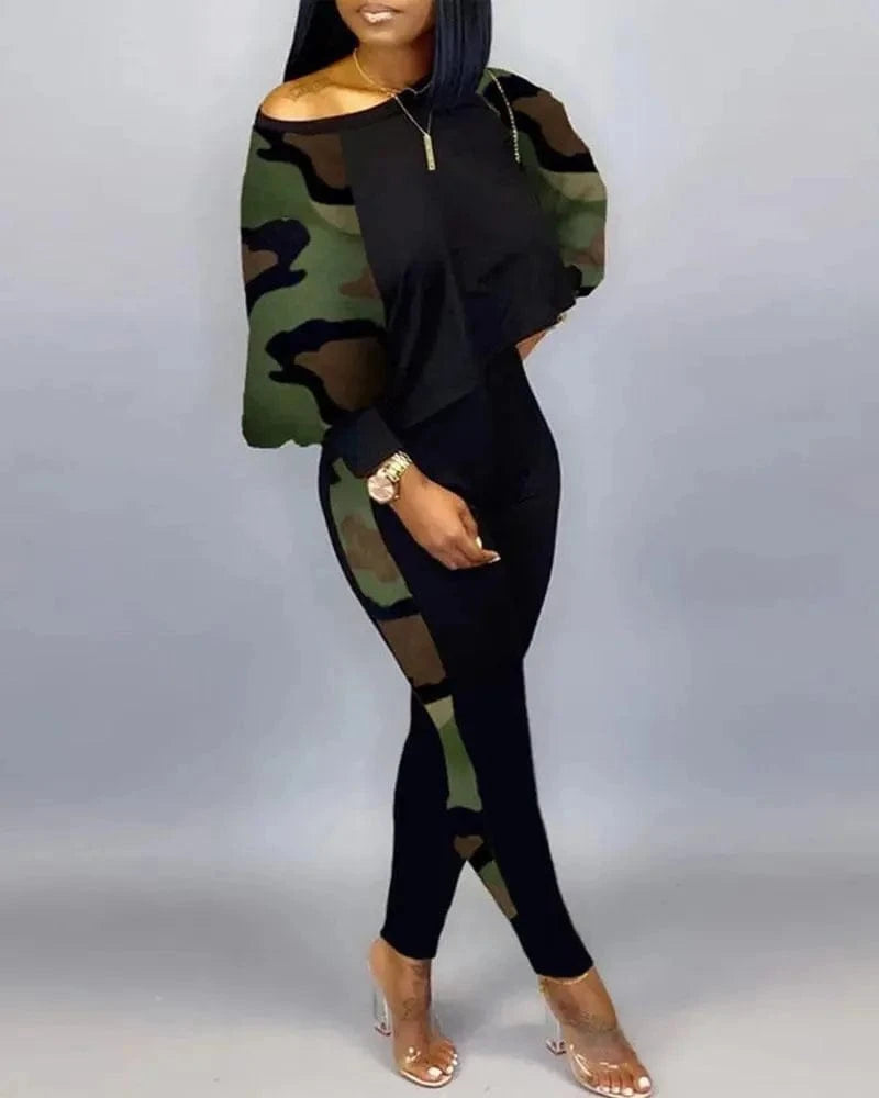ANSZKTN Women Spring Fall  Individuality Print  Long Sleeve Pullover Long Pants Autumn Womens Two Piece Casual Sets