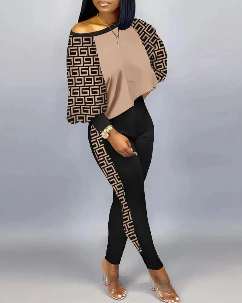 ANSZKTN Women Spring Fall  Individuality Print  Long Sleeve Pullover Long Pants Autumn Womens Two Piece Casual Sets