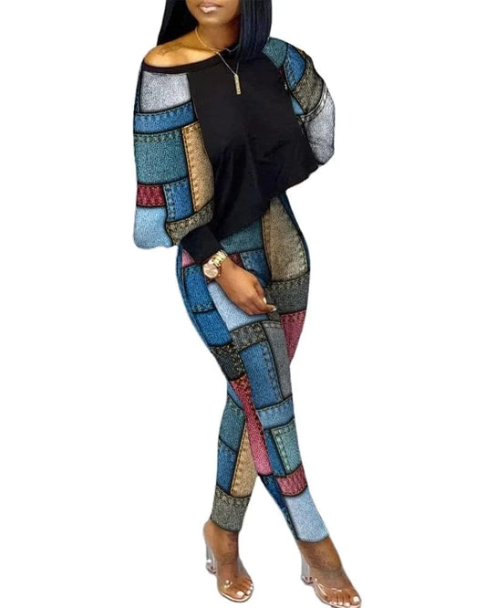 ANSZKTN Women Spring Fall  Individuality Print  Long Sleeve Pullover Long Pants Autumn Womens Two Piece Casual Sets