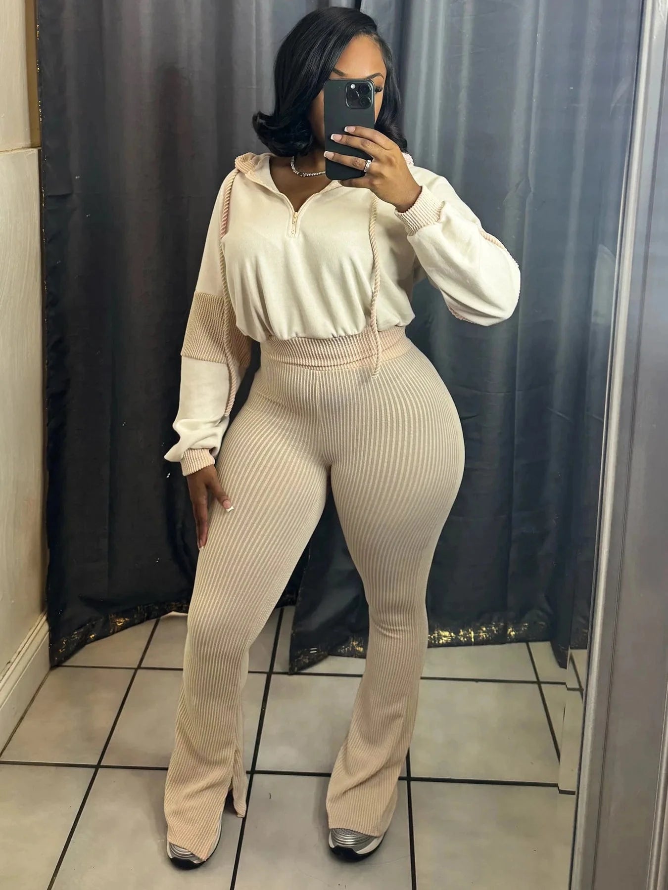 Apricot / M FAGADOER Casual Ribbed 2 Piece Sets Woman Outfit Long Sleeve Hooded Patchwork Sweatshirts Tops and Flare Pants Jogger Tracksuit