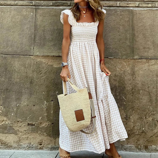 APRICOT / M Women's Check Plaid Sleeveless Square Neck A-Line Maxi Dress Summer Ladies Casual Vacation Holiday Beach Sundress Size S-2XL