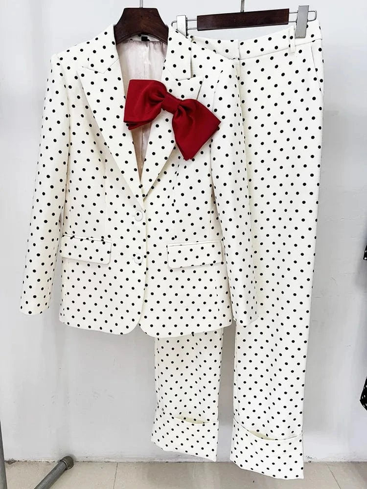 APRICOT / S HIGH STREET Newest 2025 Designer Suit Women Bow Decorated Polka Dot Blazer Pants Set 2PCS