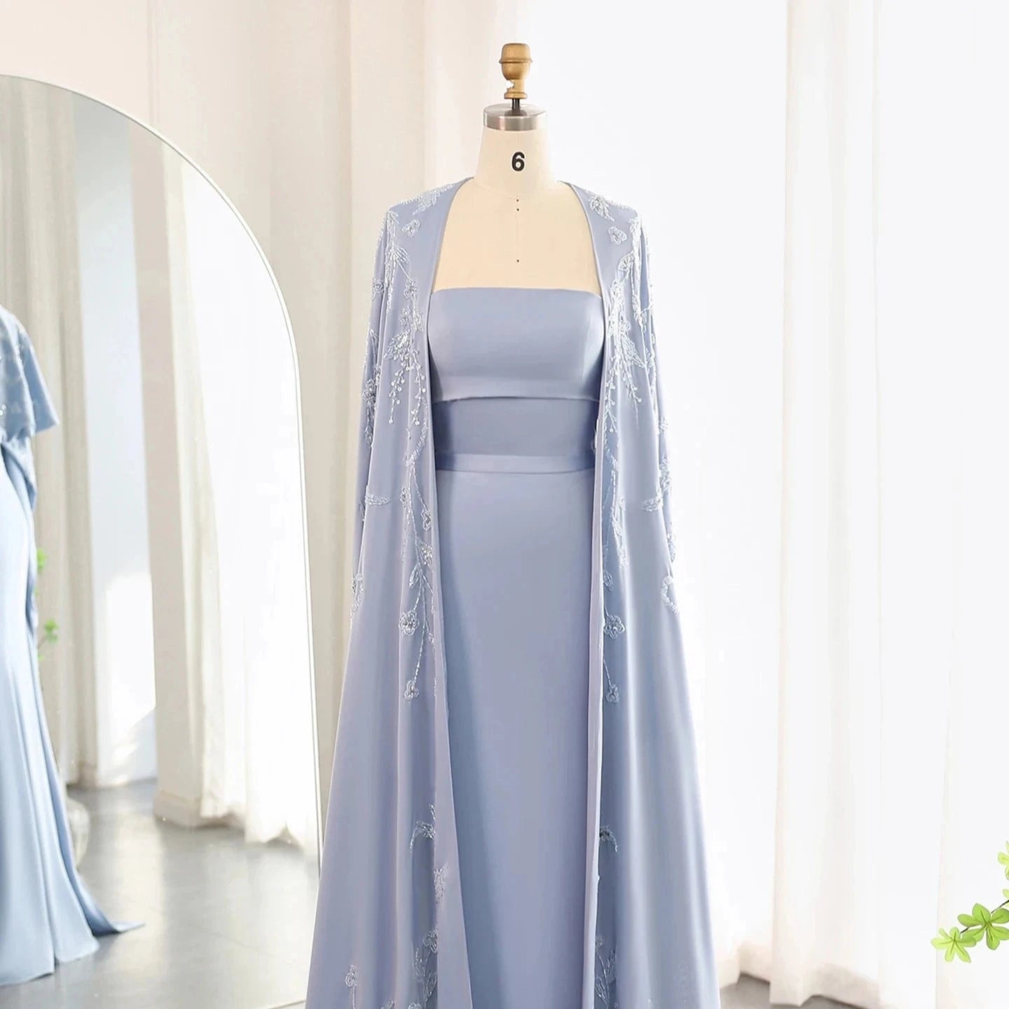 Arabic Blue Mermaid Evening Dress with Cape Sleeves 2024 Luxury Beaded Dubai Women Wedding Guest Party Gowns SZ407