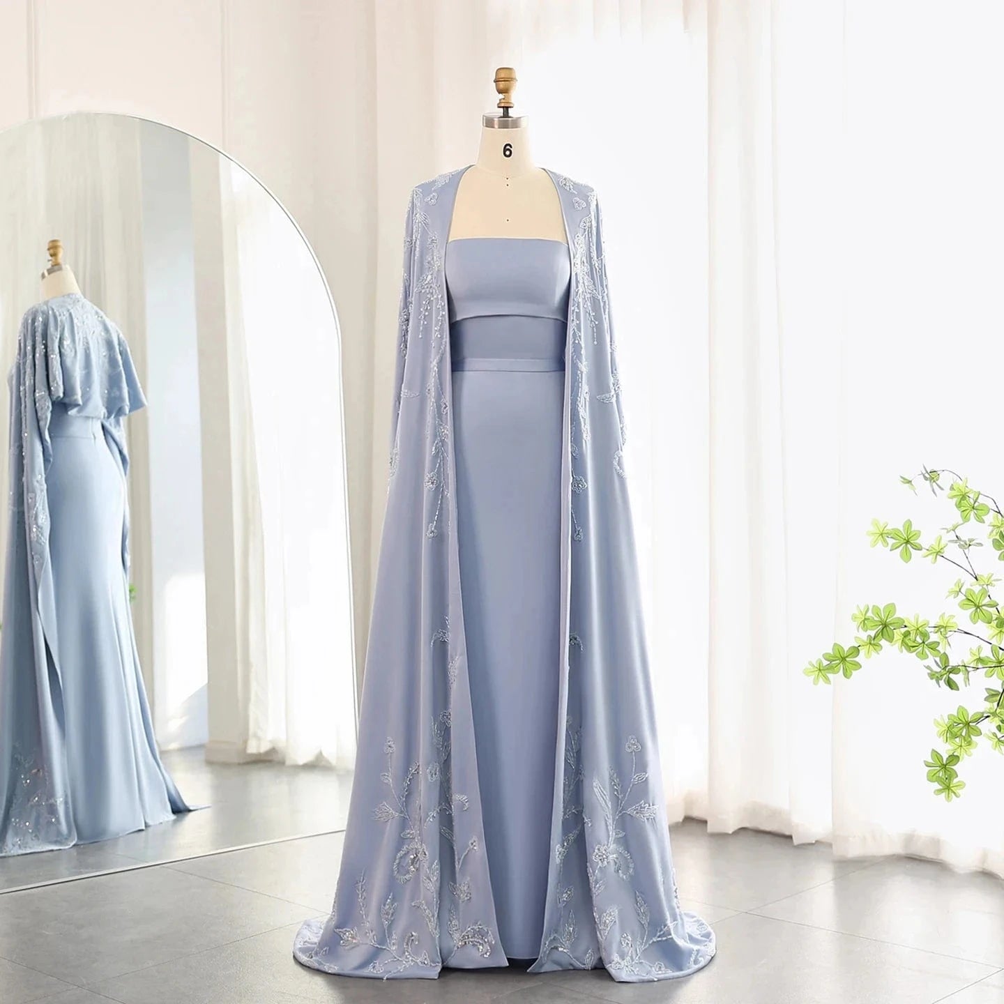 Arabic Blue Mermaid Evening Dress with Cape Sleeves 2024 Luxury Beaded Dubai Women Wedding Guest Party Gowns SZ407