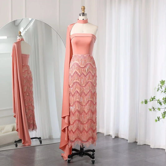 Arabic Coral Pink Tassel Evening Dress With Scarf 2024 Elegant Strapless Dubai Women Wedding Party Gowns Sz460