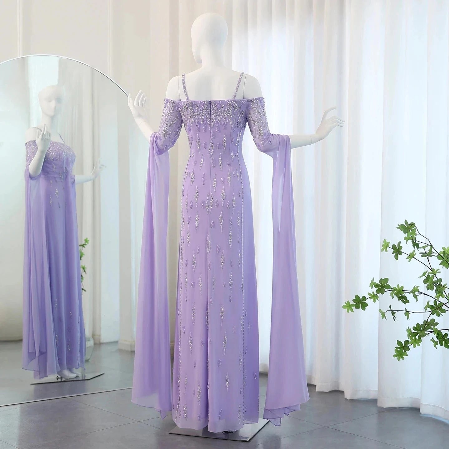 Arabic Lilac Mermaid Evening Dress with Cape Sleeves 2024 Luxury Dubai Beaded Women Wedding Formal Party Gowns SZ408