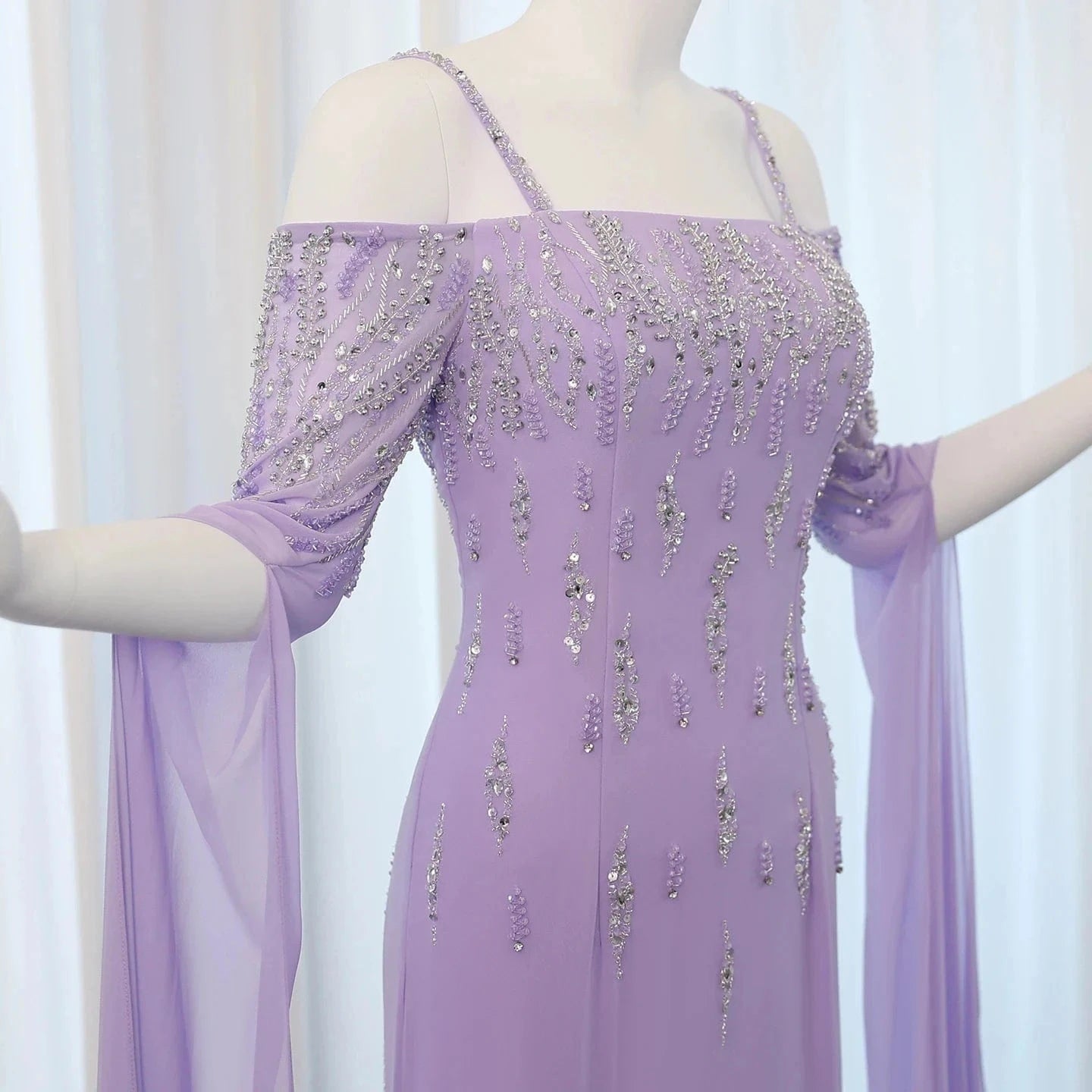 Arabic Lilac Mermaid Evening Dress with Cape Sleeves 2024 Luxury Dubai Beaded Women Wedding Formal Party Gowns SZ408