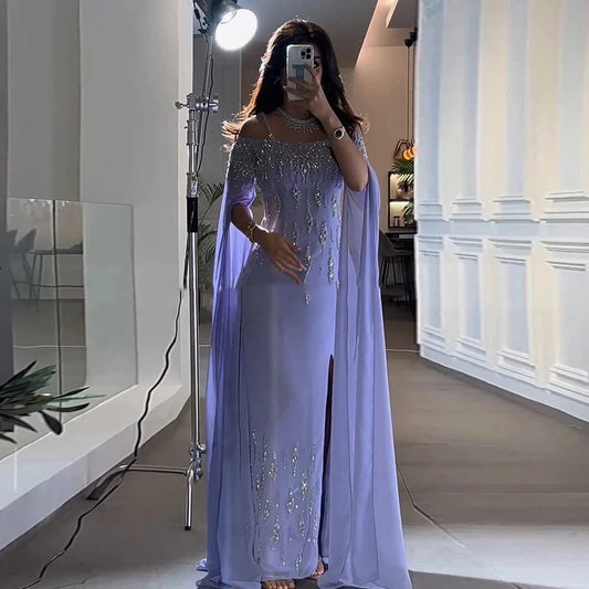 Arabic Lilac Mermaid Evening Dress with Cape Sleeves 2024 Luxury Dubai Beaded Women Wedding Formal Party Gowns SZ408