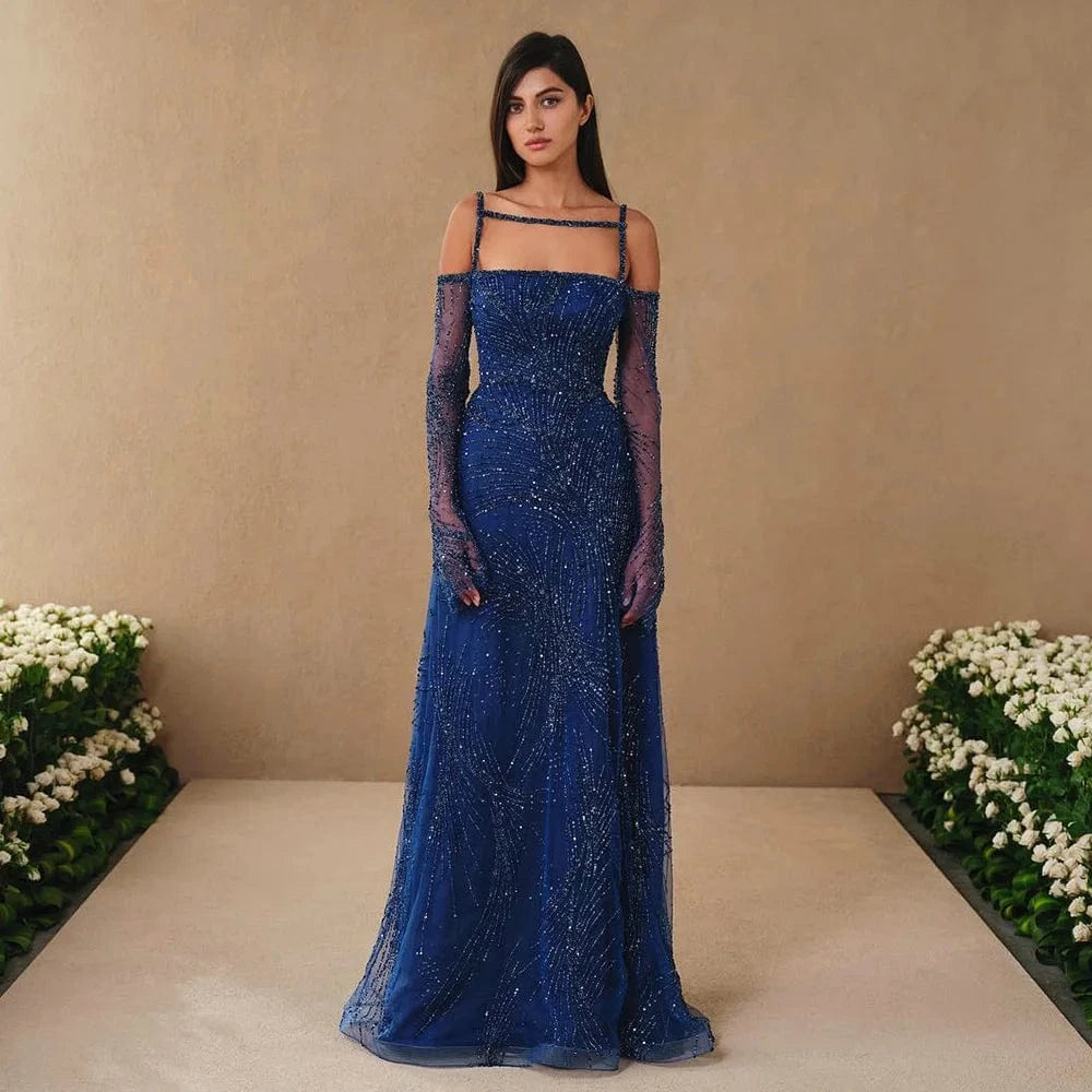 Arabic Navy Blue Evening Dress With Long Sleeves 2024 Luxury Beaded Dubai Women Wedding Guest Party Gowns Sz396-2