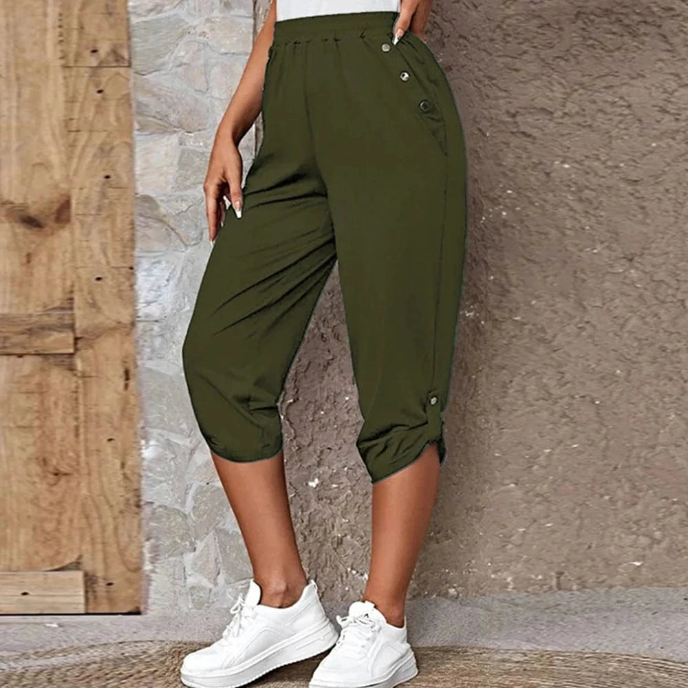army green / M Women Elastic Waist Pants Summer Solid Color Casual Trousers Bottom Elegant Fashion Office Lady Loose Cropped Pants S-3XL