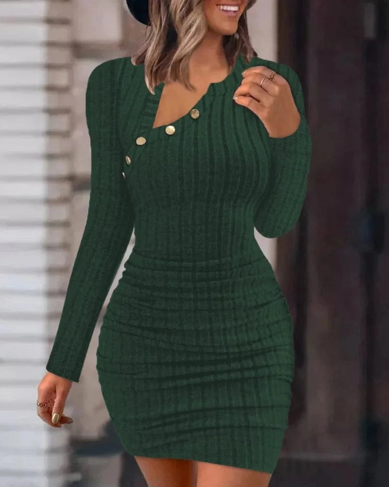 army green / S Button Crewneck Bodycon Dresses for Women Solid Color Ribbed Mini Wrap Dress Slim Fit Ruched Knitted Sweaters Dress