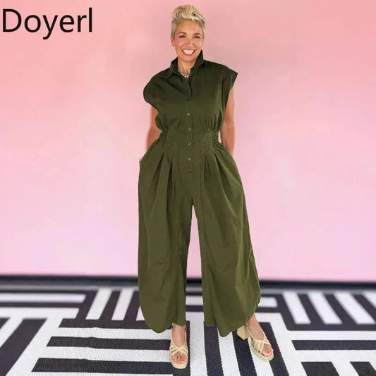 army green / XL Doyerl Solid Casual Summer Jumpsuit Woman Clothing Turn-down Collar Button Up Sleeveless Loose Rompers One Piece Overalls 2025