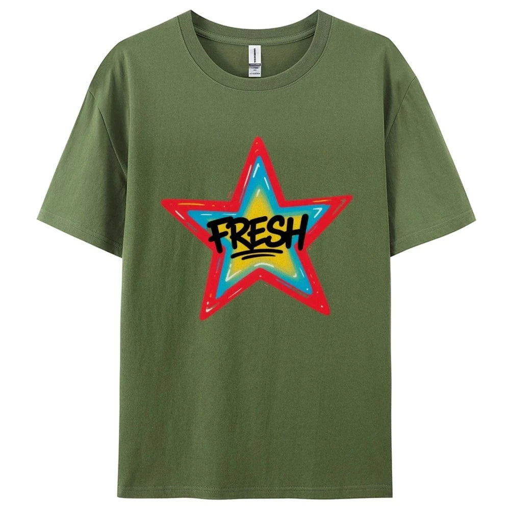 army green / XS Graffiti Style FRESH Colorful Star Graphic Tee Casual White T-Shirt with Vibrant Gradient Star Design for Trendy Urban Fashion