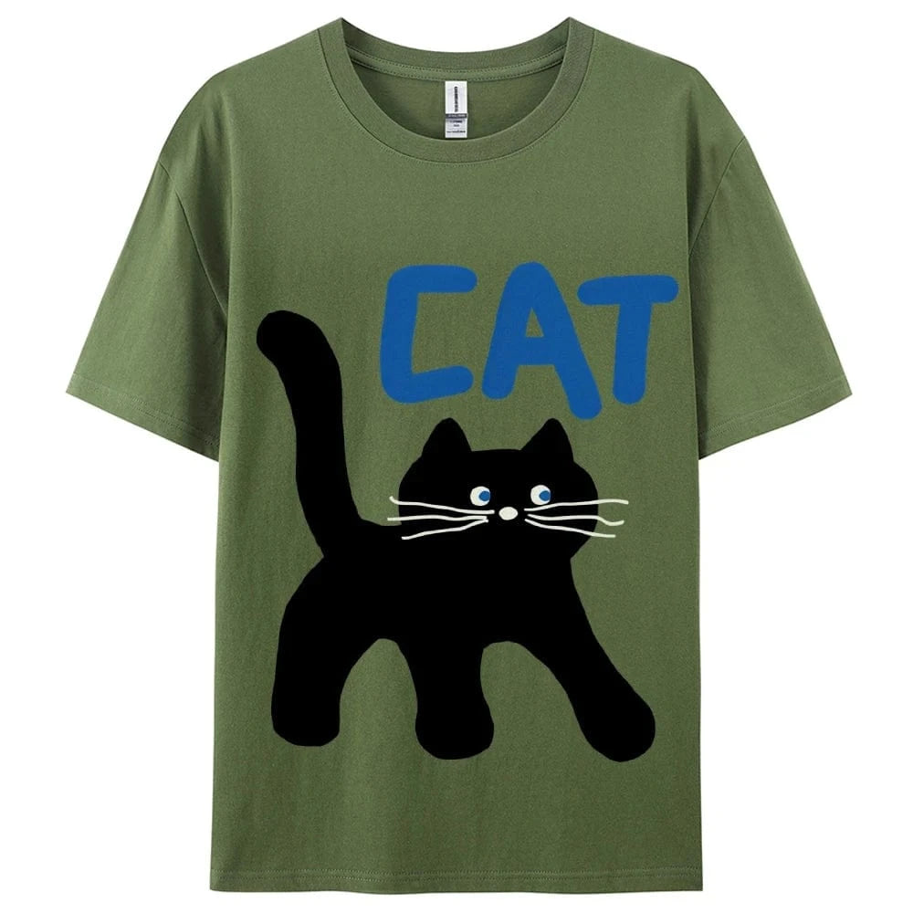 army green / XS Women's Basic Crew Neck Tee Trendy Y2K Women's Short Sleeve Cartoon Cat Print Cute Aesthetic Cotton Casual T-Shirt