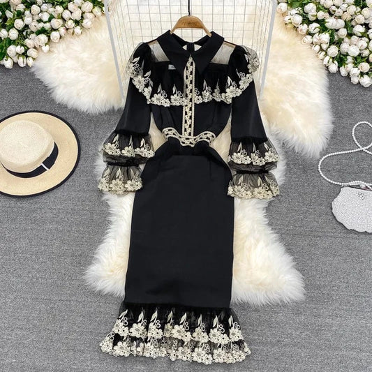 Arrivals ANSZKTN New Ladies Clothing Wholesale European And American Retro Embroidery Lace Decoration Slim Casual Dresses