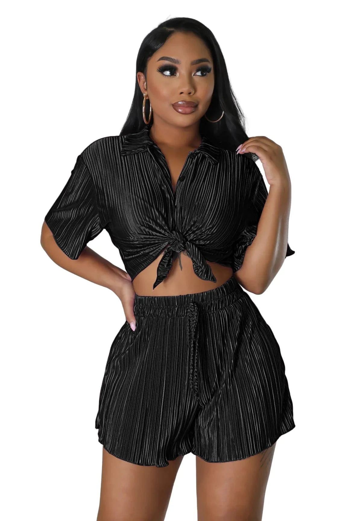 Arrivals summer 2024 women s clothing Bandages shirt two-piece Folds shorts 2 Piece Set Women