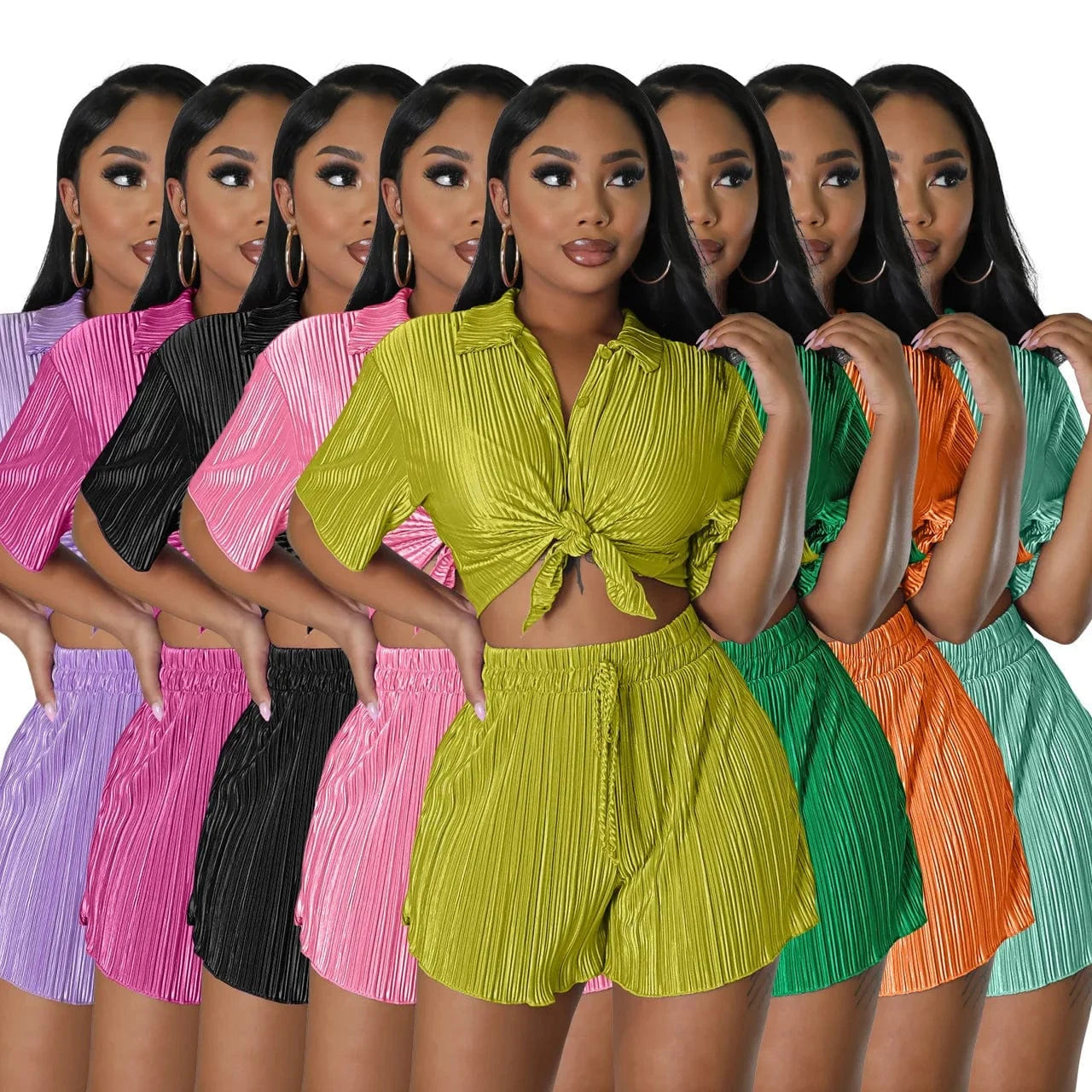 Arrivals summer 2024 women s clothing Bandages shirt two-piece Folds shorts 2 Piece Set Women