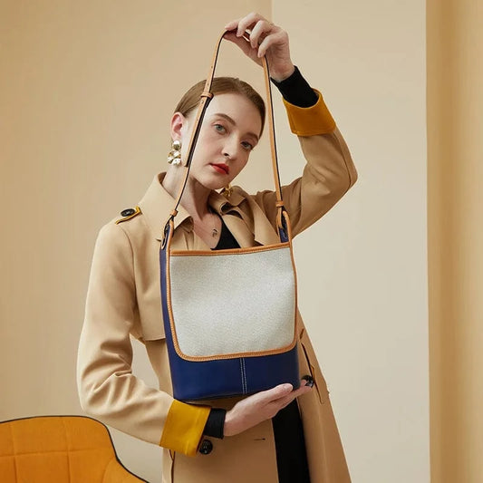 ARUBBIT Brand Luxury 2Pcs Set Of Bags Canvas Stitching Genuine Leather Women Ladies Bucket Bag Set