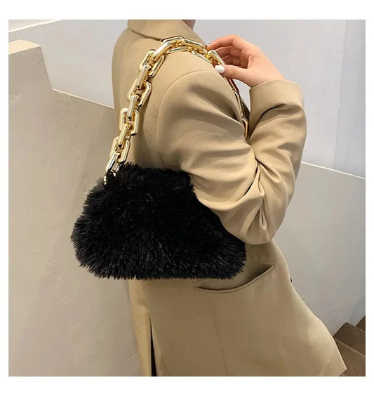 ARUBBIT Brand Thick Golden Chain Designer Black Women Shoulder Fur Bag