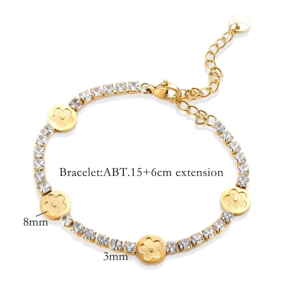as description / Gold-Flower Stainless Steel Jewelry for Women Stainless Steel Crystal Heart Pendant Cubic Zirconia 18K Gold Plated Tennis Chain Bracelet