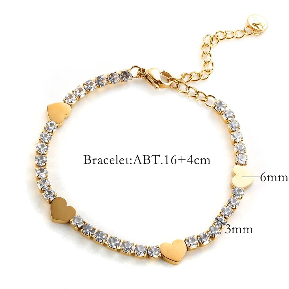 as description / Gold-Heart Stainless Steel Jewelry for Women Stainless Steel Crystal Heart Pendant Cubic Zirconia 18K Gold Plated Tennis Chain Bracelet