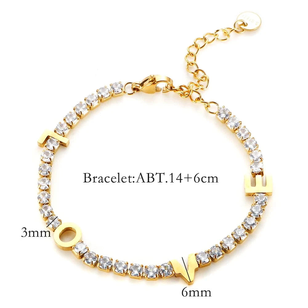 as description / Gold-LOVE Stainless Steel Jewelry for Women Stainless Steel Crystal Heart Pendant Cubic Zirconia 18K Gold Plated Tennis Chain Bracelet