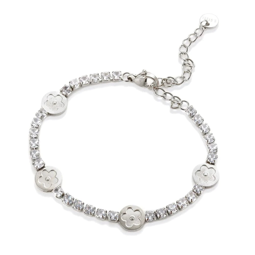 as description / Steel-Flower Stainless Steel Jewelry for Women Stainless Steel Crystal Heart Pendant Cubic Zirconia 18K Gold Plated Tennis Chain Bracelet