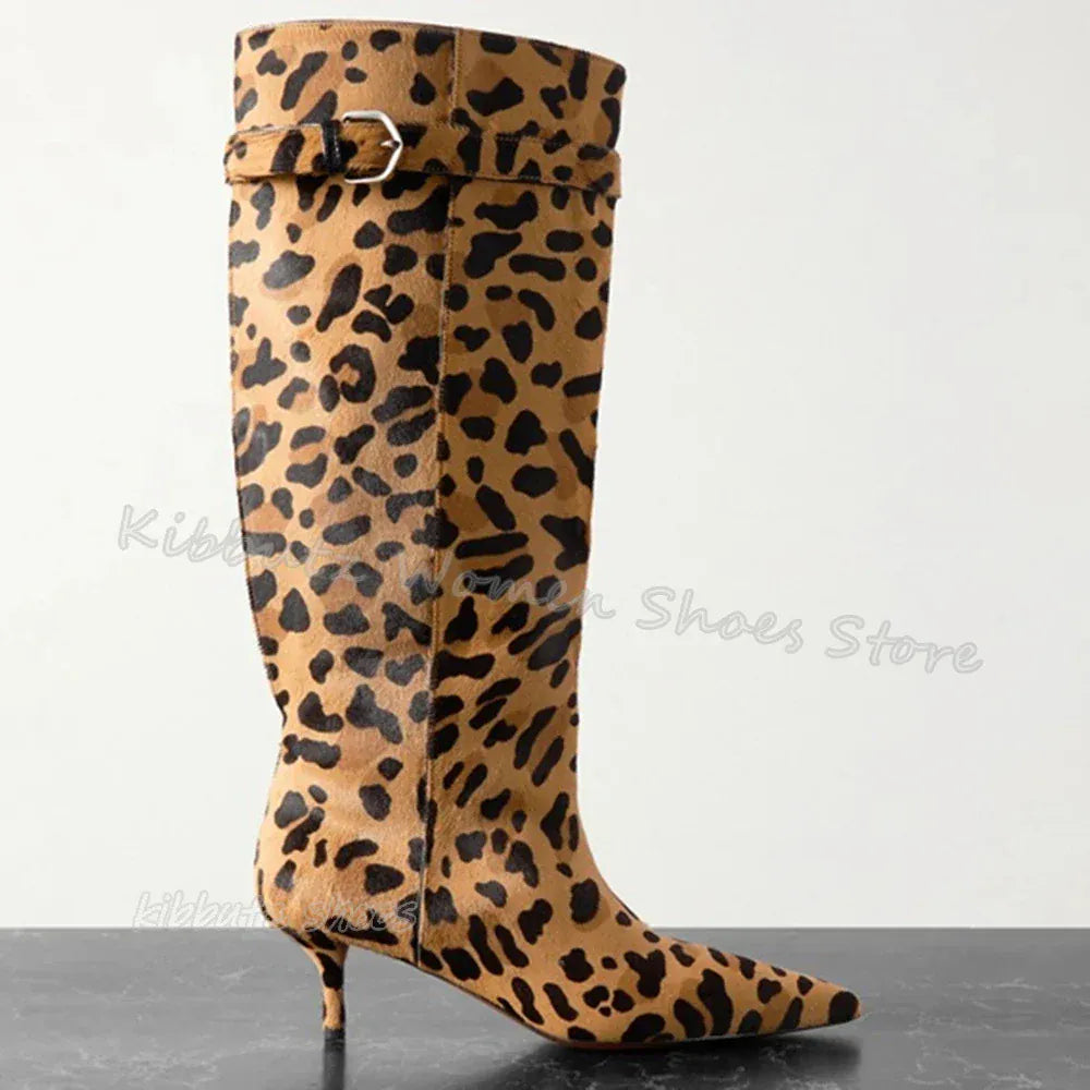 as pic / 40 / CHINA Leopard Print Knight Boots Knee High Horse Hair Retro Fashion Elegant Genuine Leather Slip-On Pointed Toe Thin Heels Women Shoes
