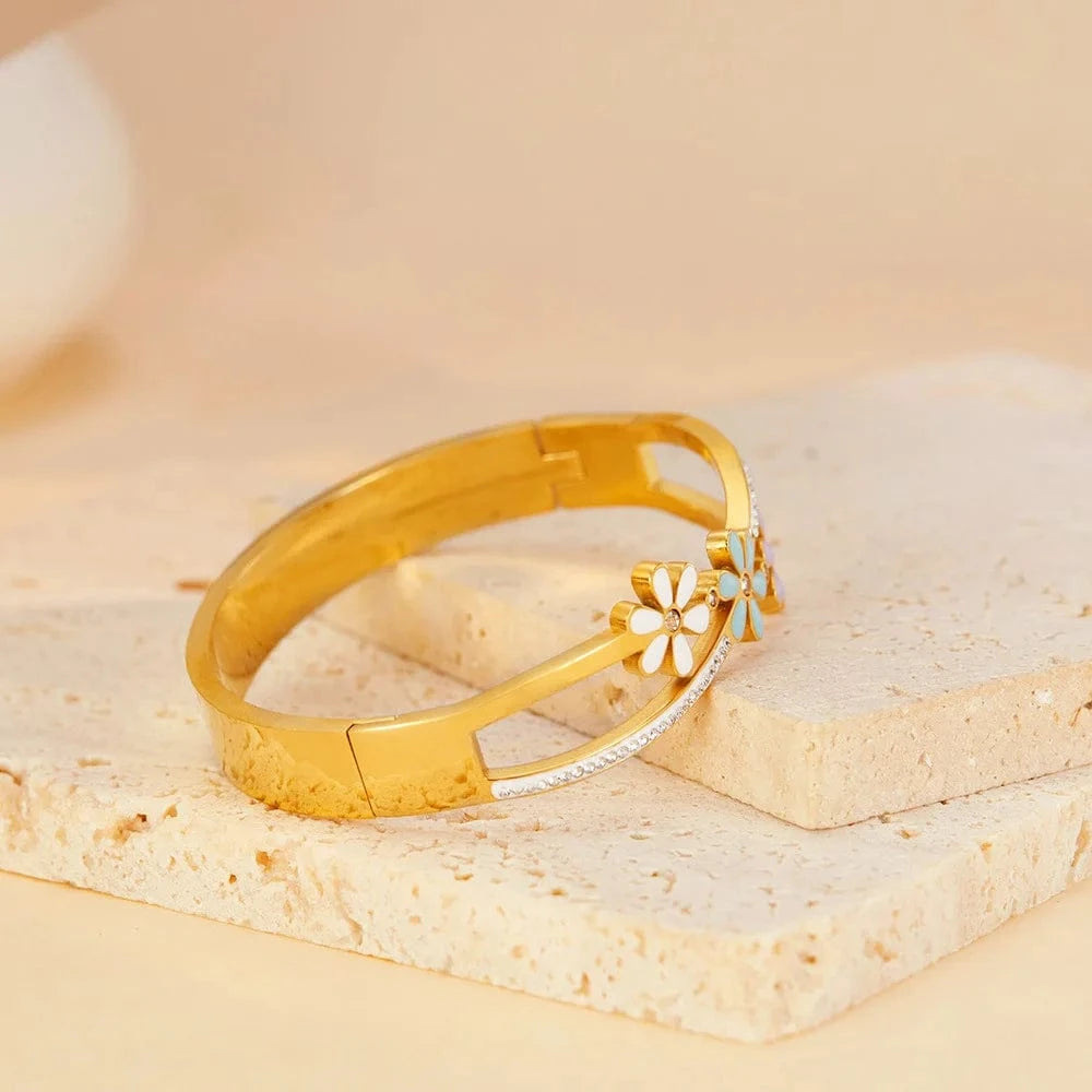 as pic / J1 Enamel Daisy & Zircon Stainless Steel Bracelet Unisex Gold Plated Charm Bracelets Jewelry Set for Weddings Parties and Gifts