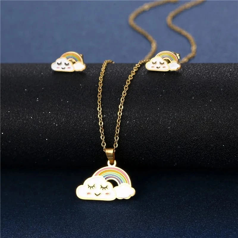 AS PIC / J10 Unisex Stainless Steel Love Necklace and Earring Set Gold and Silver Plated Link Chain for Engagement Wedding Party Gift