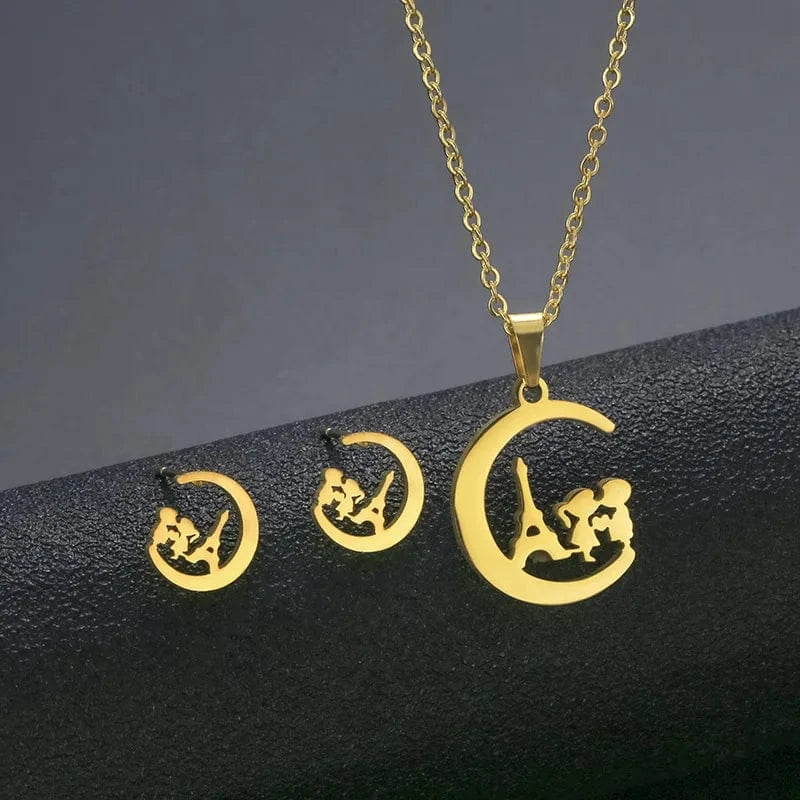 AS PIC / J17 Unisex Stainless Steel Necklace Earring Set with Silver Plated Women's Geometric Buddha Hand Butterfly Elephant for Engagement