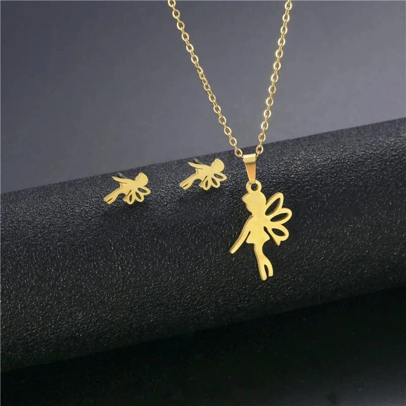 AS PIC / J19 Unisex Stainless Steel Necklace Earring Set with Silver Plated Women's Geometric Buddha Hand Butterfly Elephant for Engagement