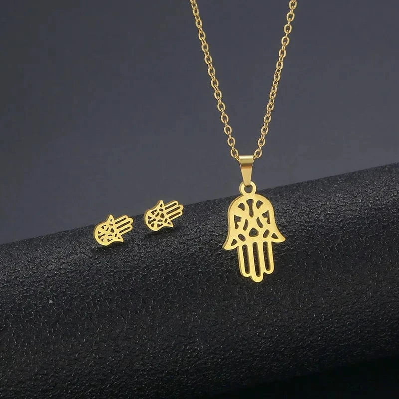 AS PIC / J26 Unisex Stainless Steel Necklace Earring Set with Silver Plated Women's Geometric Buddha Hand Butterfly Elephant for Engagement