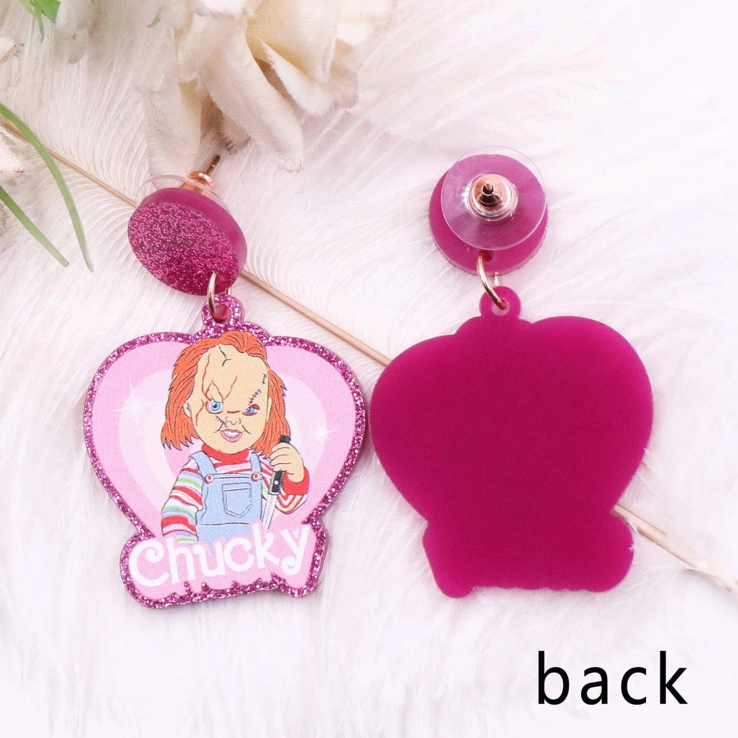 as picture / 1.3*1.4in / Purple MD147ER2253 1pair New product CN Drop heart movie character funny Valentine's Day glitter Acrylic earrings Jewelry for women