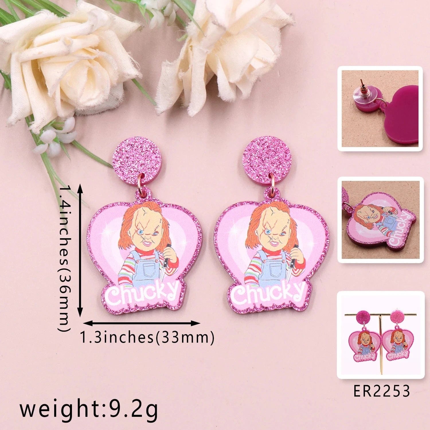 as picture / 1.3*1.4in / Purple MD147ER2253 1pair New product CN Drop heart movie character funny Valentine's Day glitter Acrylic earrings Jewelry for women